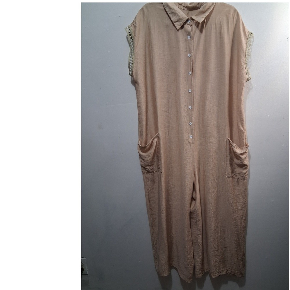 Shein Curve Women's 1XL Jumpsuit Tan Button Front Wide Leg Pocket Boho Whimsy